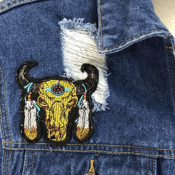 Boom Boom Jeans Jean Jacket Native American Design Blue Denim Size XL Women's - Picture 7 of 11